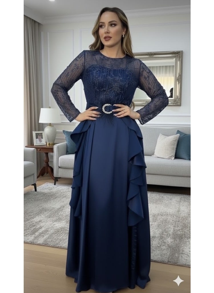 FULL JOY Elegant Maxi Dress with Sheer Lace Bodice, Long Sleeves And  Waist Belt,Fashion Dress. - Image 1